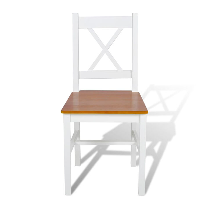 Outdoor Dining Side Chair Set of 4, Square Brown Pine Wood Seat, White - Benzara