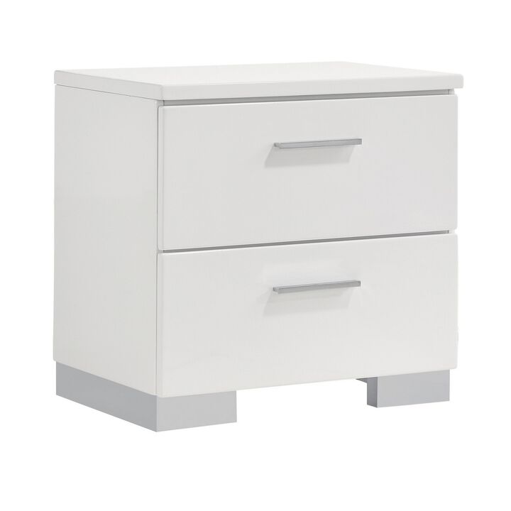 Wooden Nightstand with 2 Drawers and Chrome Metal Legs, White-Benzara