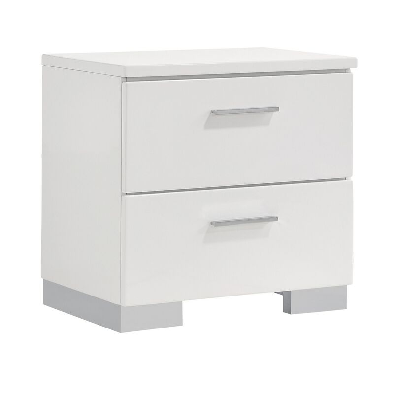 Wooden Nightstand with 2 Drawers and Chrome Metal Legs, White-Benzara