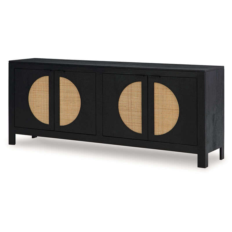 Sideboard Cabinet Console, 4 Doors Woven Cane, 70 Inch Black and Brown - Benzara