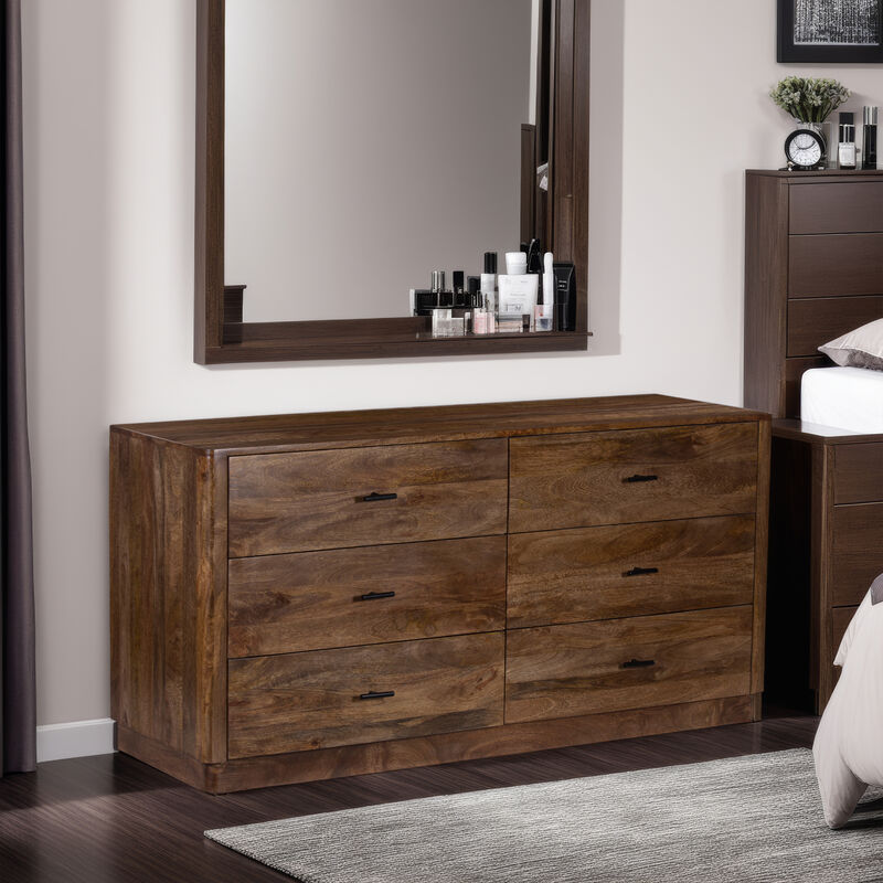 Tao Dresser with 6 Drawers, 60 Inch Wide, Handcrafted Walnut Brown Mango Wood