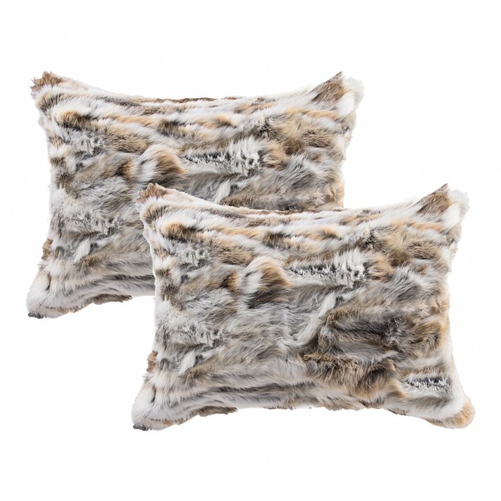 Hivvago Set Of Two 12" X 20" Tan And White Rabbit Natural Fur Animal Print Throw Pillows