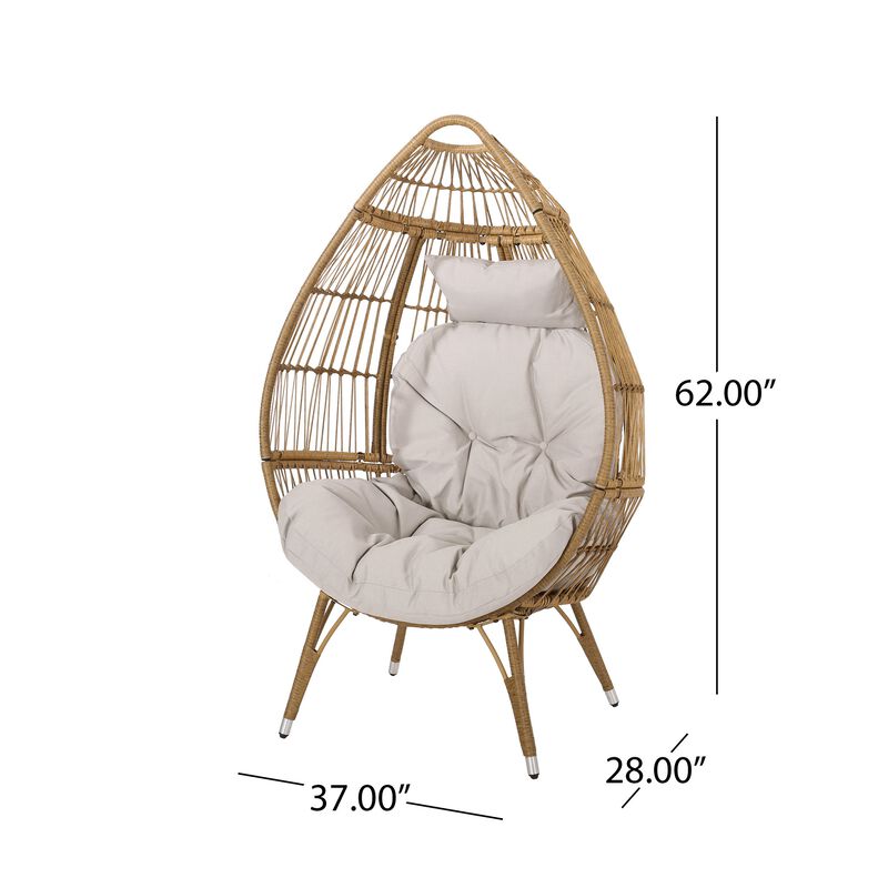 Outdoor Accent Chair, Teardrop Cocoon w Beige Pillow, Brown PE Rattan -Benzara