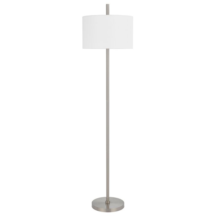 Ano Floor Lamp, Slim Frame, White Drum Shade, Chrome Metal 67 Inch - Benzara