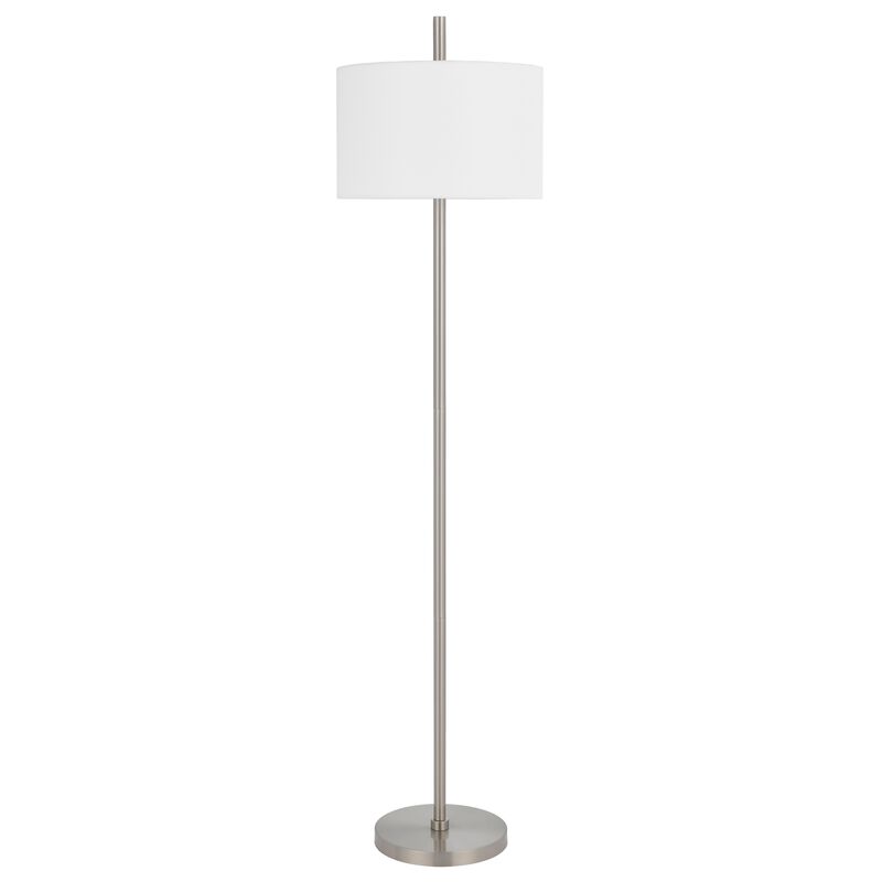 Ano Floor Lamp, Slim Frame, White Drum Shade, Chrome Metal 67 Inch - Benzara