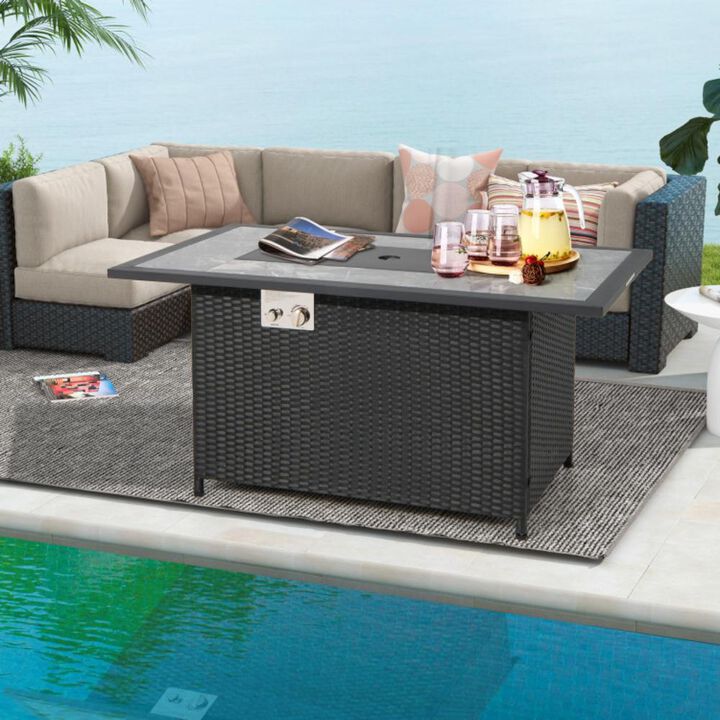 Hivvago 52 Inch Rattan Wicker Propane Fire Pit Table with Rain Cover and Lava Rock-Black