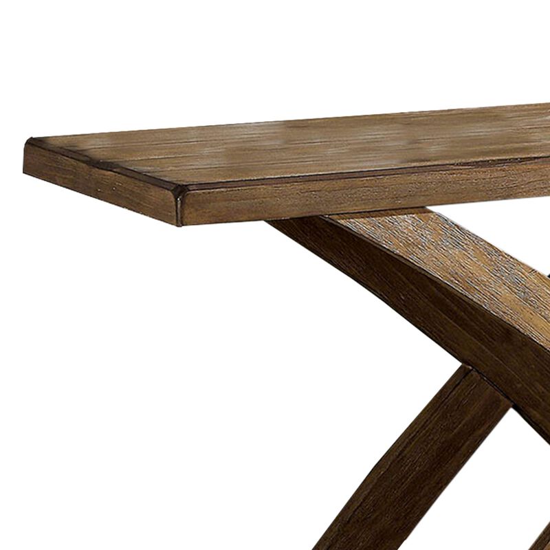 Wooden Sofa Table with Open Bottom Shelf and X Shaped Base, Antique Light Oak Brown-Benzara