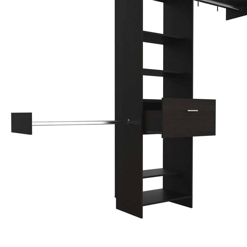 DEPOT E-SHOP Brisk Closet System, One Drawer, Three Metal Rods, Five Open Shelves, Black