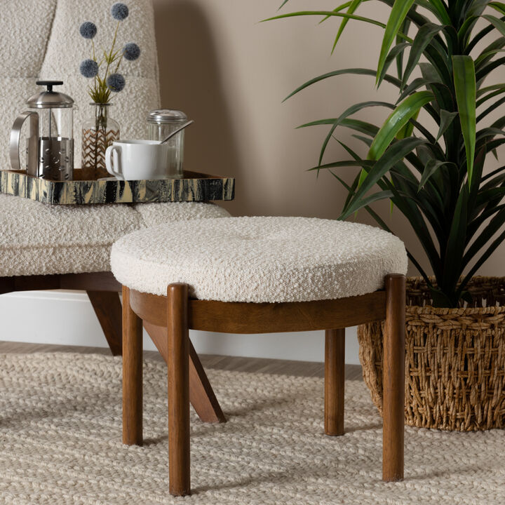 Baxton Studio Iliana Cream Boucle Fabric and Walnut Brown Finished RubberOttoman Footstool