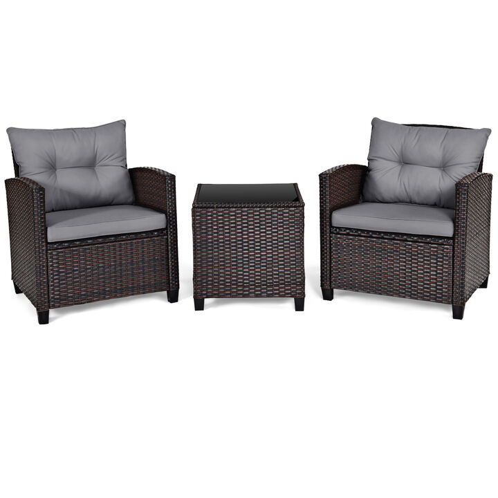 3 Pcs Patio Rattan Furniture Set Cushioned Conversation Set Coffee Table