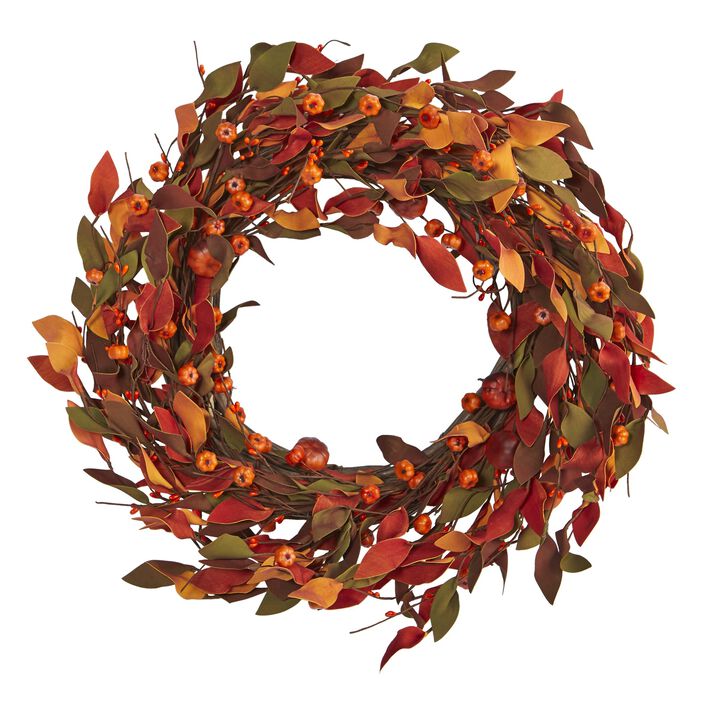 Hivvago 20" Harvest Leaf and Mini Pumpkin Artificial Wreath