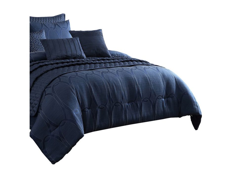 10 Piece King Polyester Comforter Set with Geometric Oblong Print, Dark Blue - Benzara