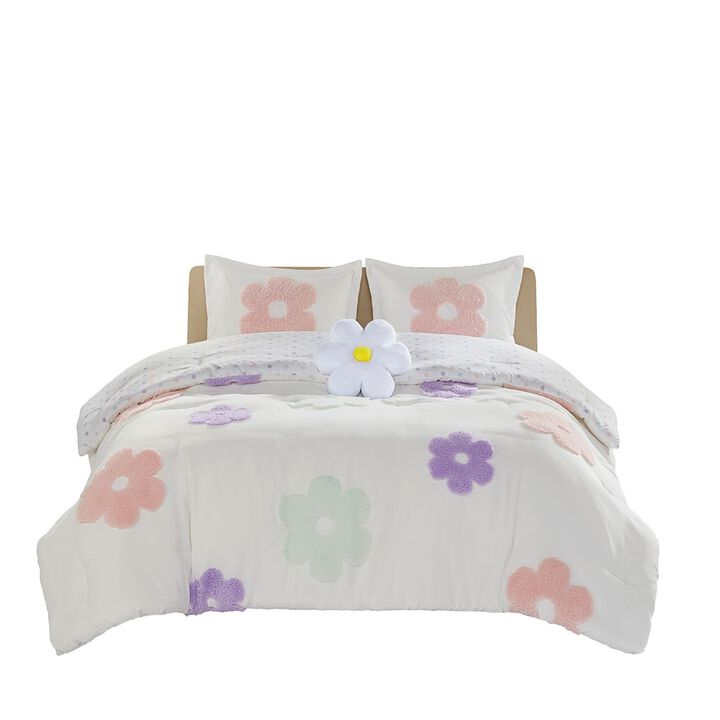 Gracie Mills Eubert Colorful Floral Reversible Chenille Comforter Set with Flower Throw Pillow