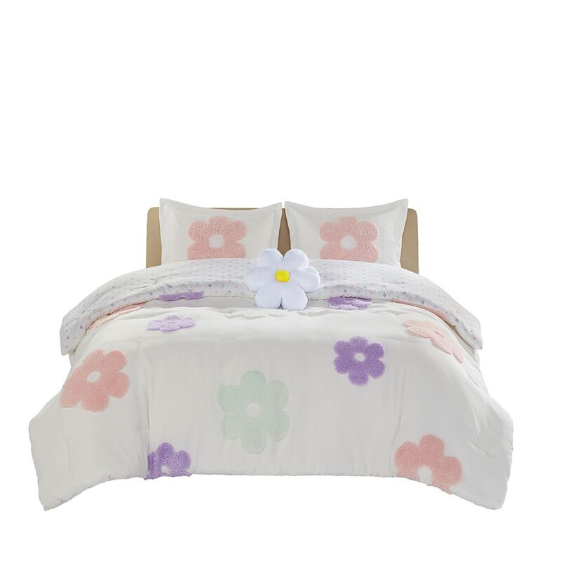 Gracie Mills Eubert Colorful Floral Reversible Chenille Comforter Set with Flower Throw Pillow
