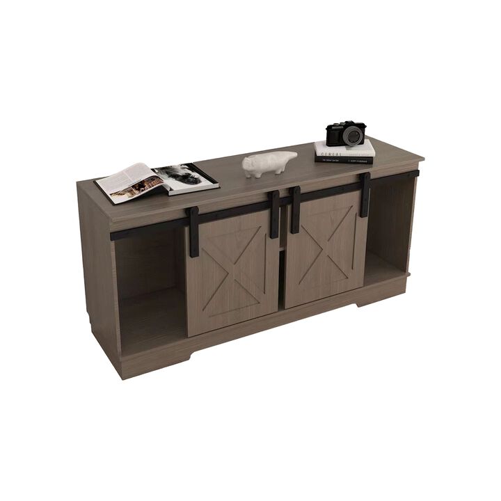 Jney 60 Inch TV Media Entertainment Console, 2 Sliding Barn Doors, Gray - Benzara