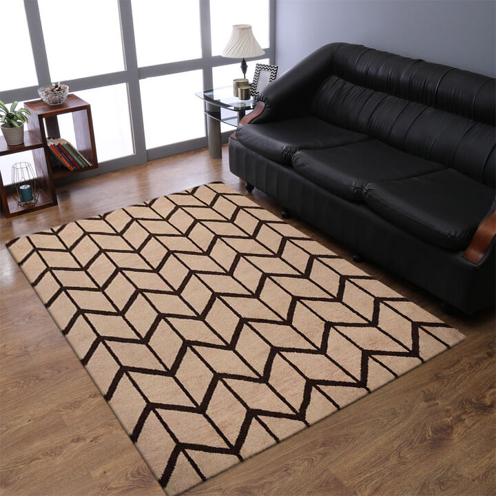 HAND KNOTTED WOOL Geometric AREA RUGS  - 9'x12', Rectangle Shape, Beige Brown Color, Geometric Modern, Medium Pile Handmade Area Rugs for Living Room, Bed Room (N01052)
