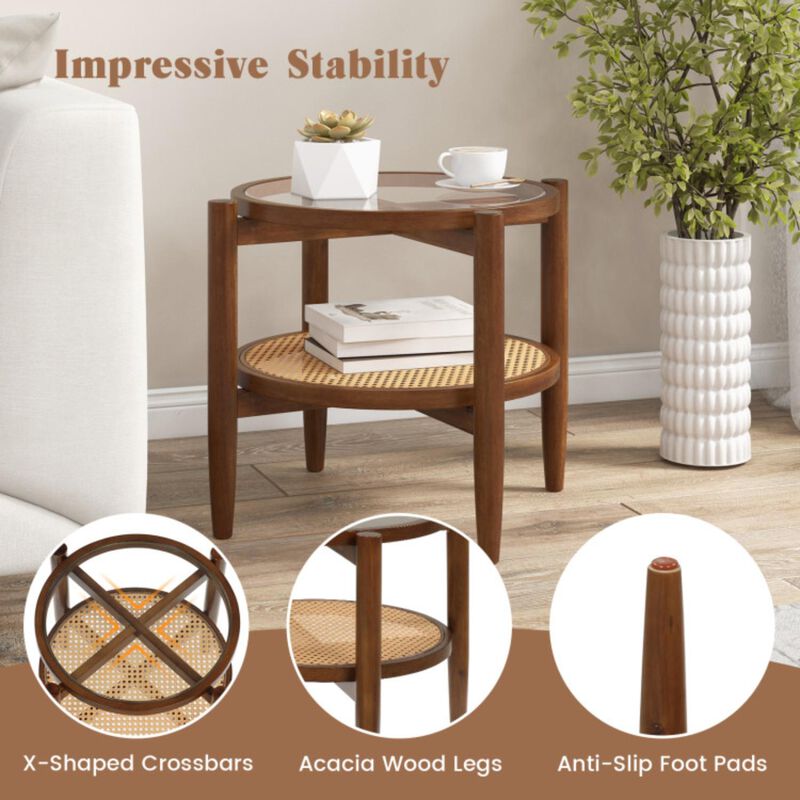 Hivvago Rattan Round Side End Table with Tempered Glass Tabletop