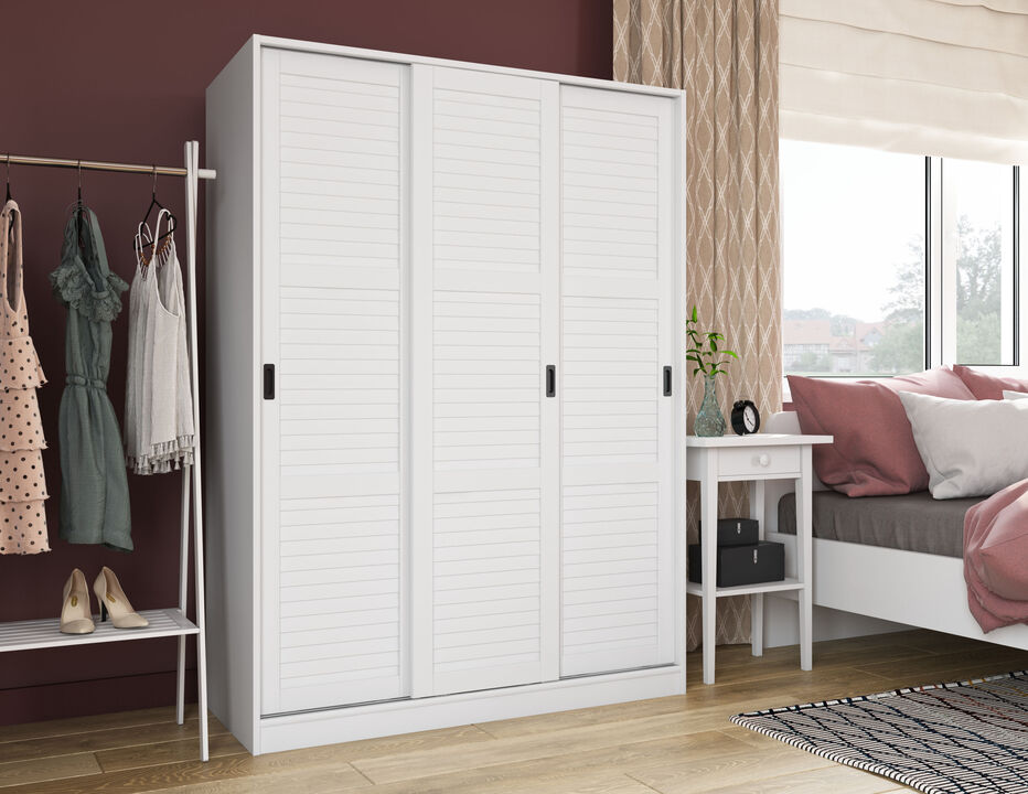 100% Solid Wood 3-Sliding Door Wardrobe with Louvered Doors