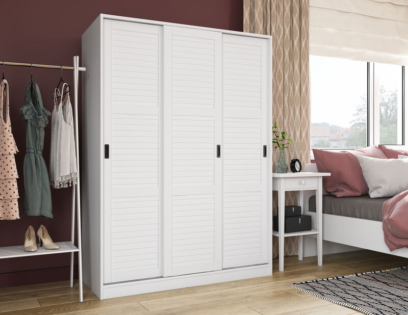 100% Solid Wood 3-Sliding Door Wardrobe with Louvered Doors