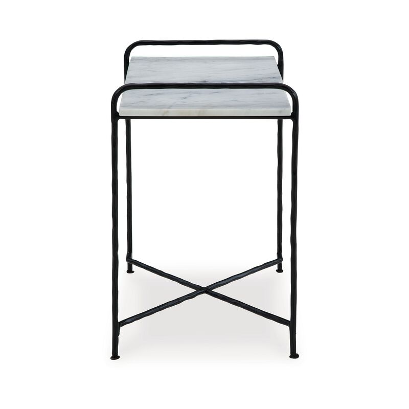 Accent Table, 22 Inch White Marble Top, Industrial Black Metal Legs - Benzara