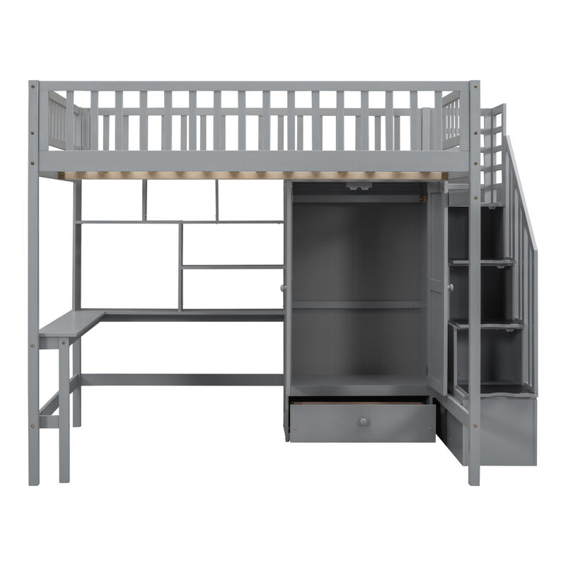 Full Size Loft Bed With Bookshelf, Drawers, Desk, And Wardrobe