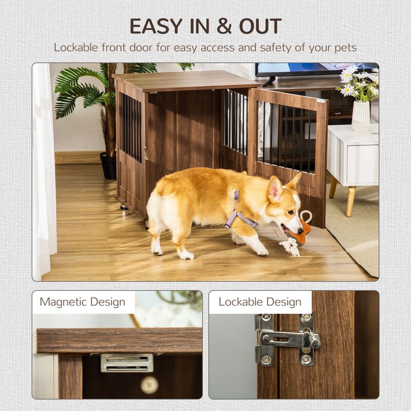 Brown Pet Furniture: Wooden End Table Dog Crate with Magnetic Door