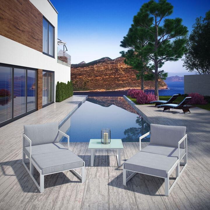 Fortuna 5 Piece Outdoor Patio Sectional Sofa Set , White Gray