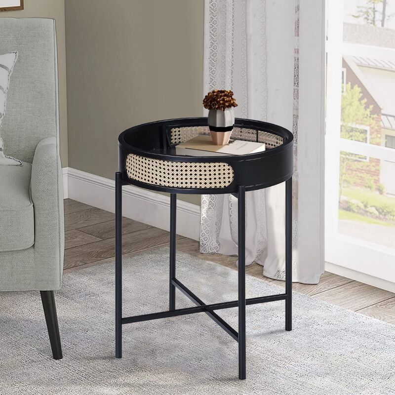 Bert 24 Inch Round End Table, Rattan Apron Accent, Metal Legs, Black-Benzara
