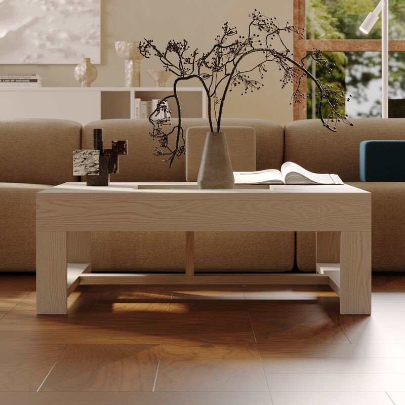 FUFU&GAGA Modern White Wood Coffee Table – Solid Wood, Square Design, Spacious Tabletop with Built-in Storage, Sturdy Frame (43.3" W x 43.3" D x 15.7" H), White