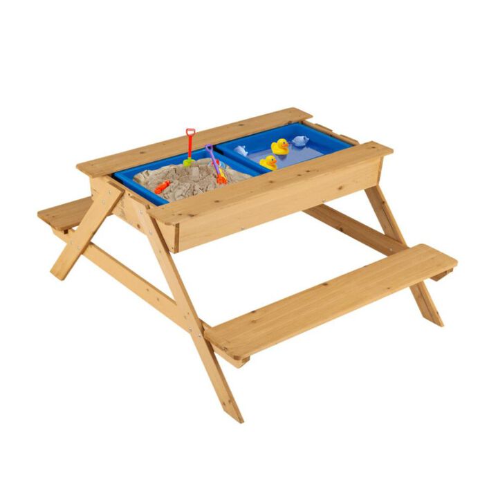 Hivvago 3-in-1 Kids Picnic Table Wooden Outdoor Water Sand Table with Play Boxes