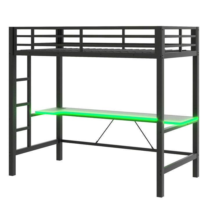 Merax Gaming Metal Loft Bed Frame with LED Light and Desk