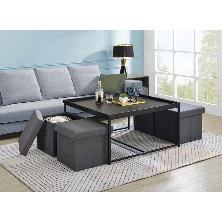 Vinny Black Wood Grain 5 Piece Coffee Table Set With Raised Edges