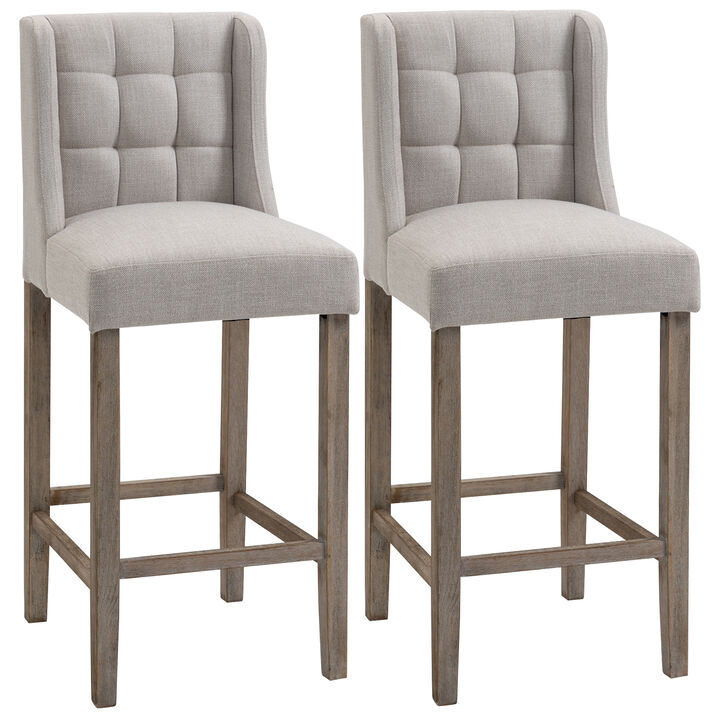 HOMCOM Modern Bar Stools, Tufted Upholstered Barstools, Pub Chairs with Back, Rubber Wood Legs for Kitchen, Dinning Room, Set of 2, Beige