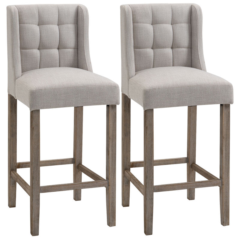 HOMCOM Modern Bar Stools, Tufted Upholstered Barstools, Pub Chairs with Back, Rubber Wood Legs for Kitchen, Dinning Room, Set of 2, Beige