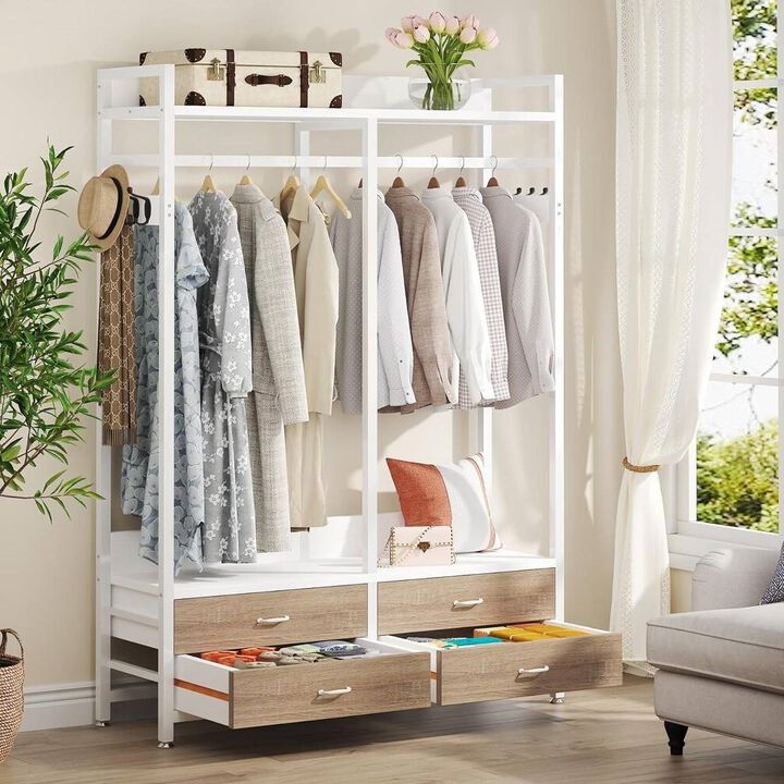 Hivvago Freestanding White Oak Garment Rack Clothes Hanging Rod with 4 Storage Drawers