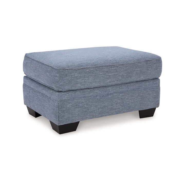 Sano Ottoman, Denim Blue Polyester, Soft Cushions, Black Wood, 38 Inch - Benzara