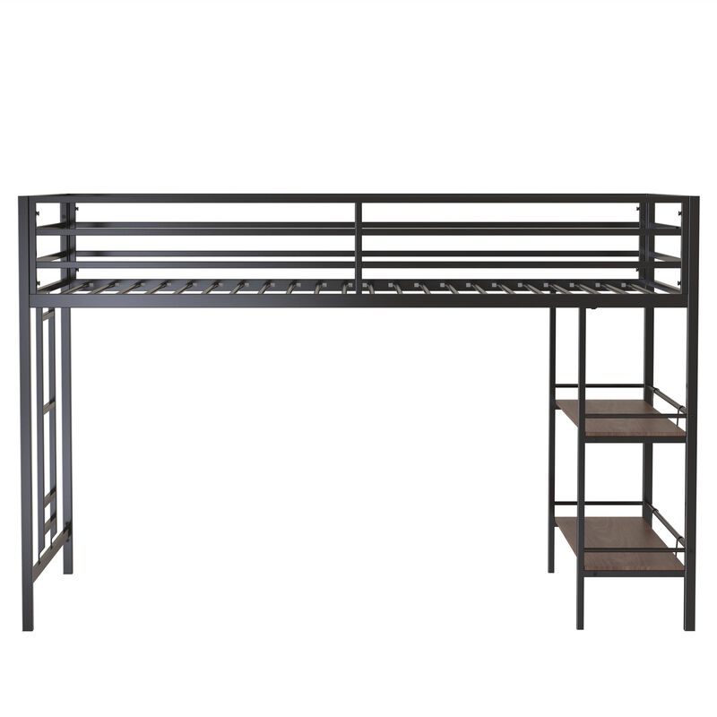 Junior Twin Loft Metal Bunk Bed Frame with Cinnamon Wood Shelf, Full-Length Guardrails, Anti-Noise Design, Easy Assembly, Black