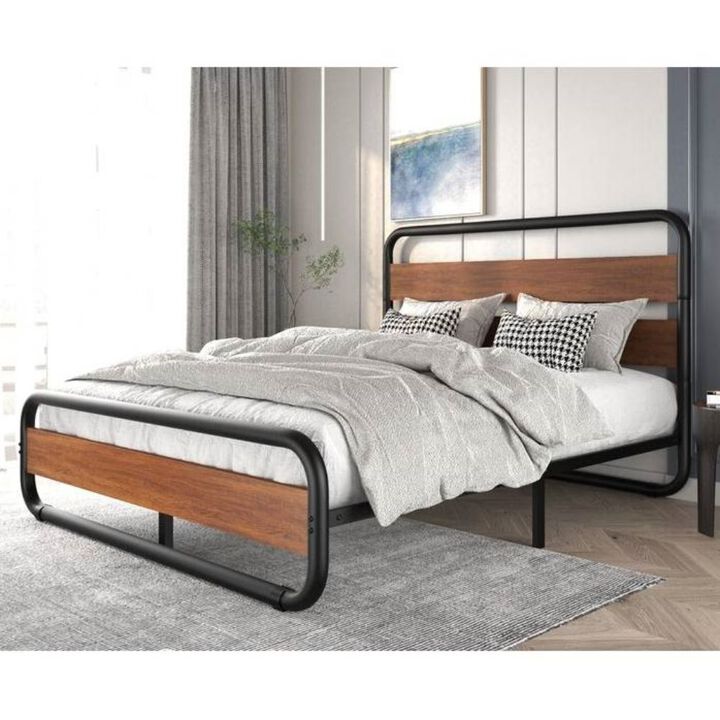 Hivvago King size Heavy Duty Industrial Modern Metal Wood Platform Bed Frame with Headboard
