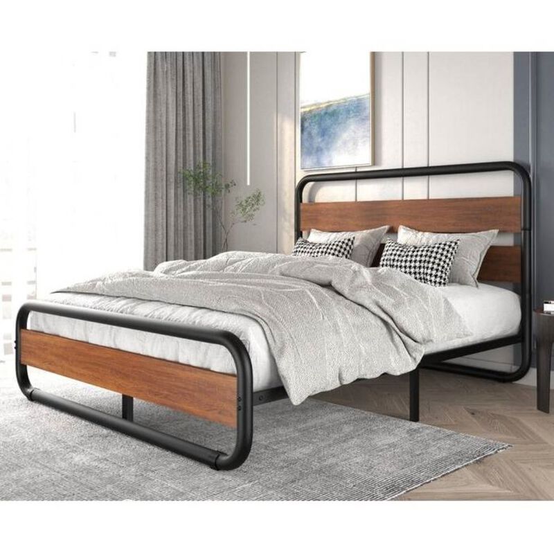 Hivvago King size Heavy Duty Industrial Modern Metal Wood Platform Bed Frame with Headboard