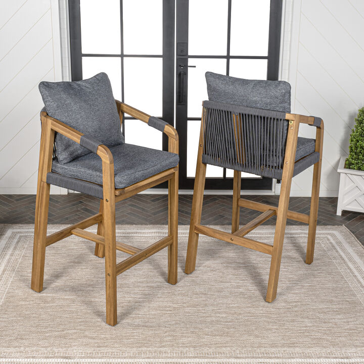 Porto Modern Coastal Tub Roped Acacia Wood Outdoor Bar Stool with Cushions and Armrests