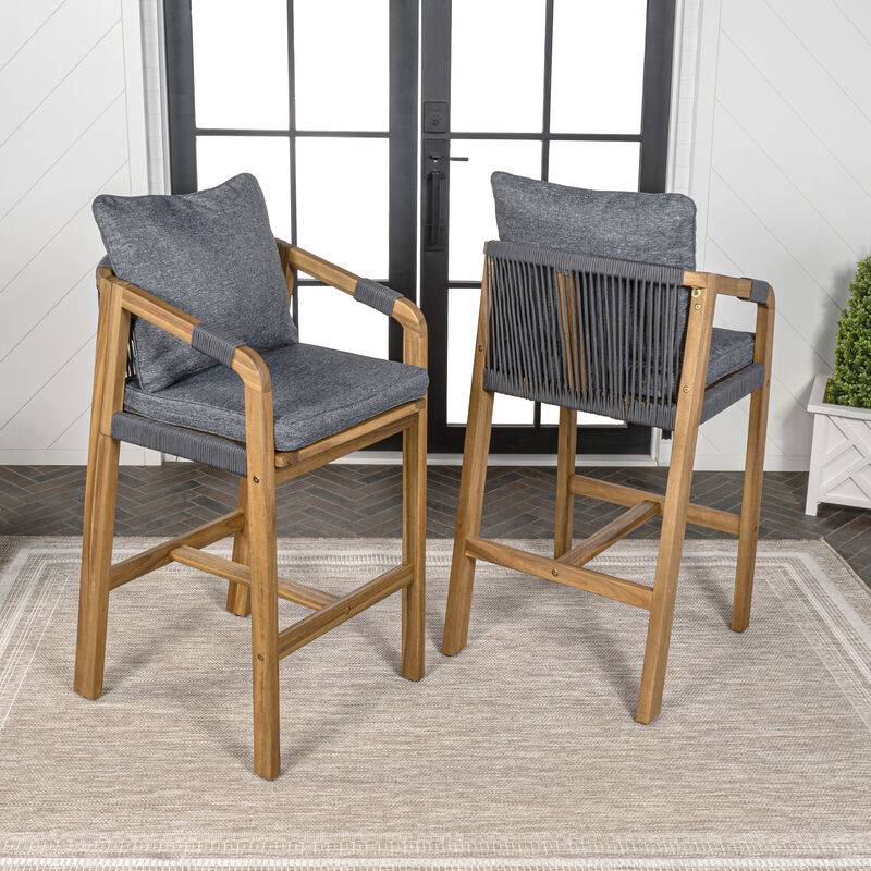 Porto Modern Coastal Tub Roped Acacia Wood Outdoor Bar Stool with Cushions and Armrests