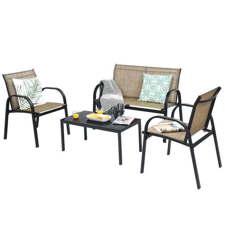 4 Pieces Patio Furniture Set with Glass Top Coffee Table
