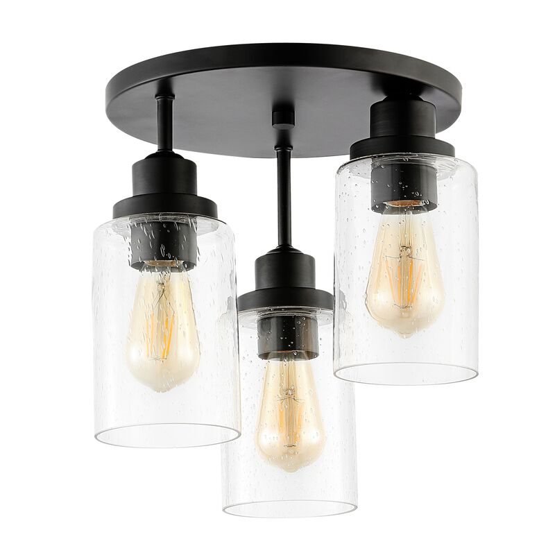 Jonah 3-Light Bohemian Farmhouse Iron/Seeded Glass LED Semi Flush Mount