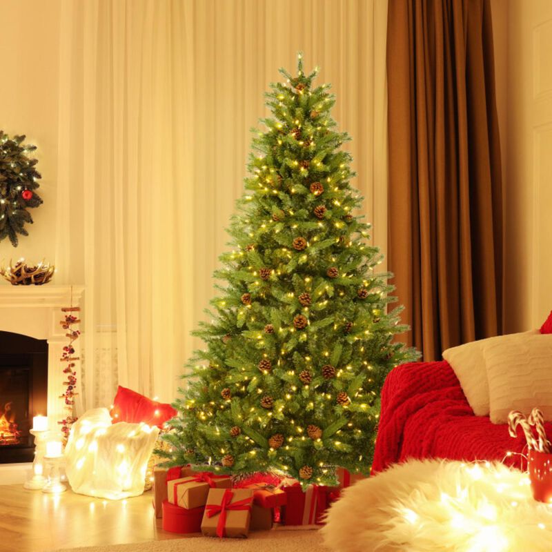 Hivvago 6/7 FT Artificial Christmas Tree with Pine Cones and Adjustable Brightness