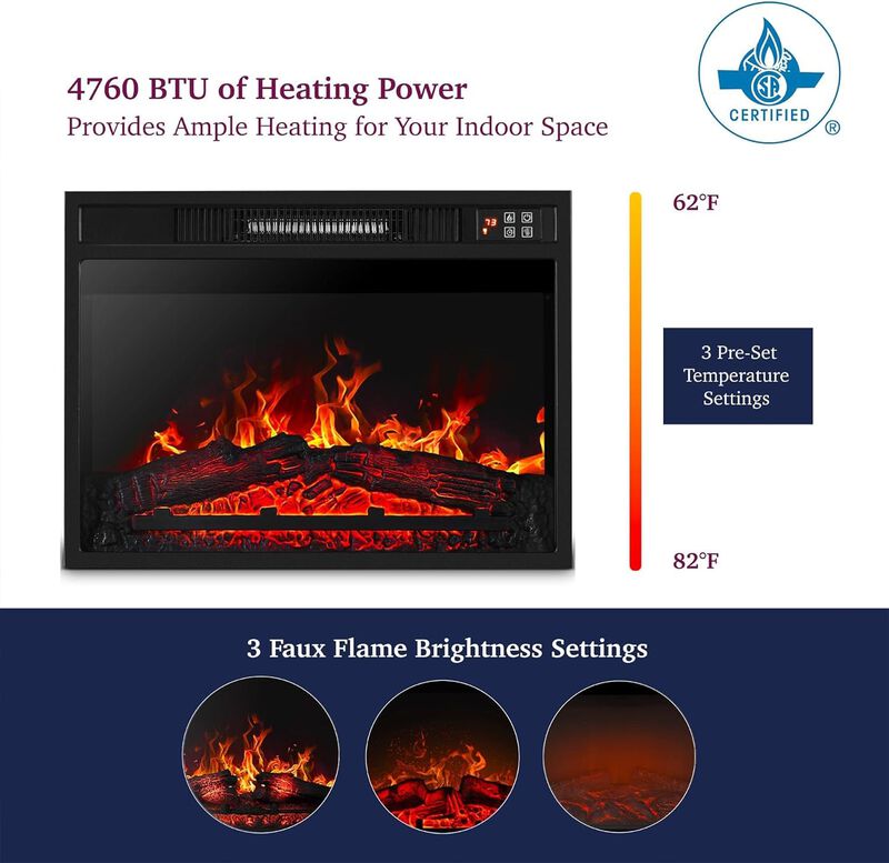 Electric Fireplace Insert with 3D Infrared Heating and Realistic Flames
