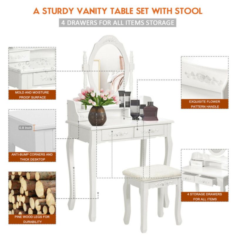 Hivvago Wood Vanity Table Set with Oval Mirror and 4 Drawers for Kids Girls Women-White