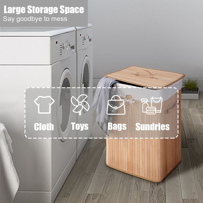 Rectangle Bamboo Hamper Laundry Basket Washing Cloth Bin Storage Bag Lid 3 color
