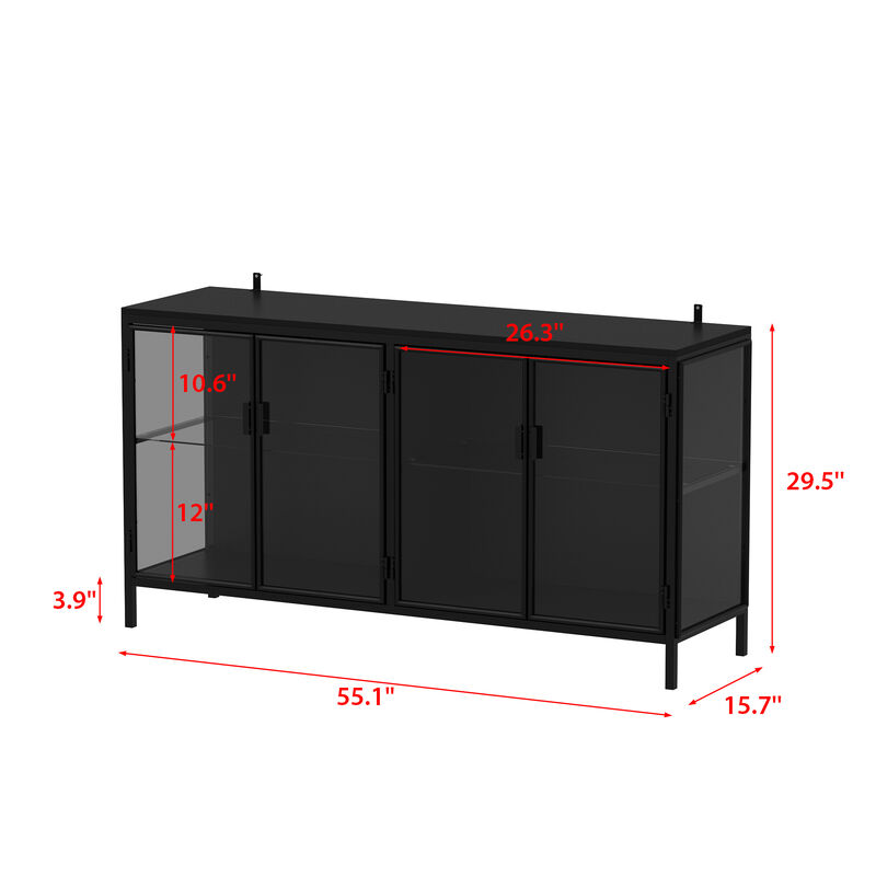 FUFU&GAGA  Modern Industrial Black Metal & Glass Storage Cabinet – 4-Door Tempered Glass Display with Sturdy Wood Shelves, (55.1" W x 15.7" D x 29.5" H), Black