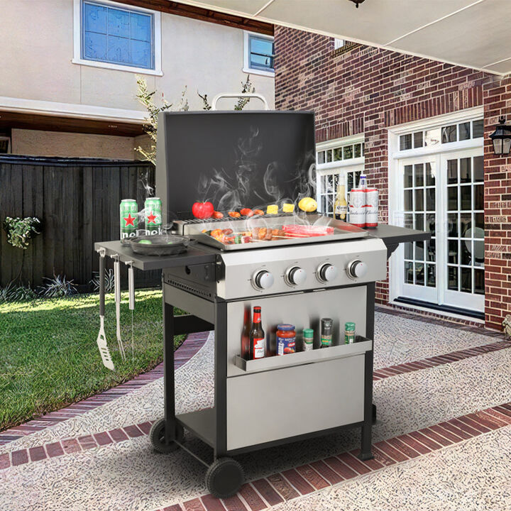 MONDAWE 4-Burner Propane Gas BBQ Grill, SS Plancha, 49200BTU Output With Wire Enamel Cooking Grids For Outdoor Barbecue, Foldable Side Table, Hanging Basket, Stainless Steel