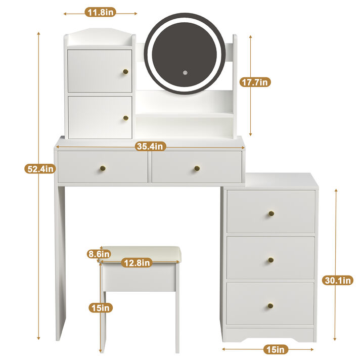 Vanity Desk with Mirror & Lights, 3-Color Adjustable Brightness, Table with Stool